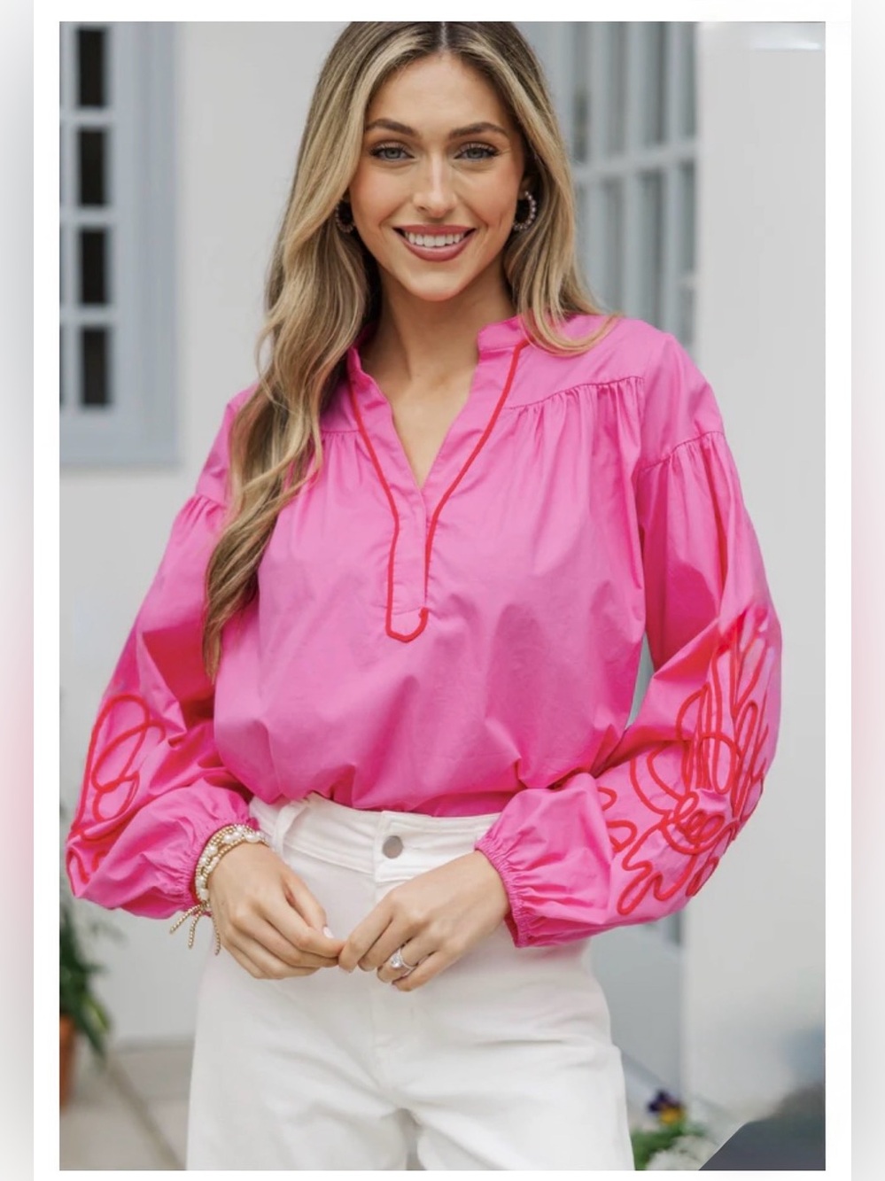 Shop The Mint Fuchsia Red Embroidered Balloon-Sleeve V-Neck Blouse XS Relaxed